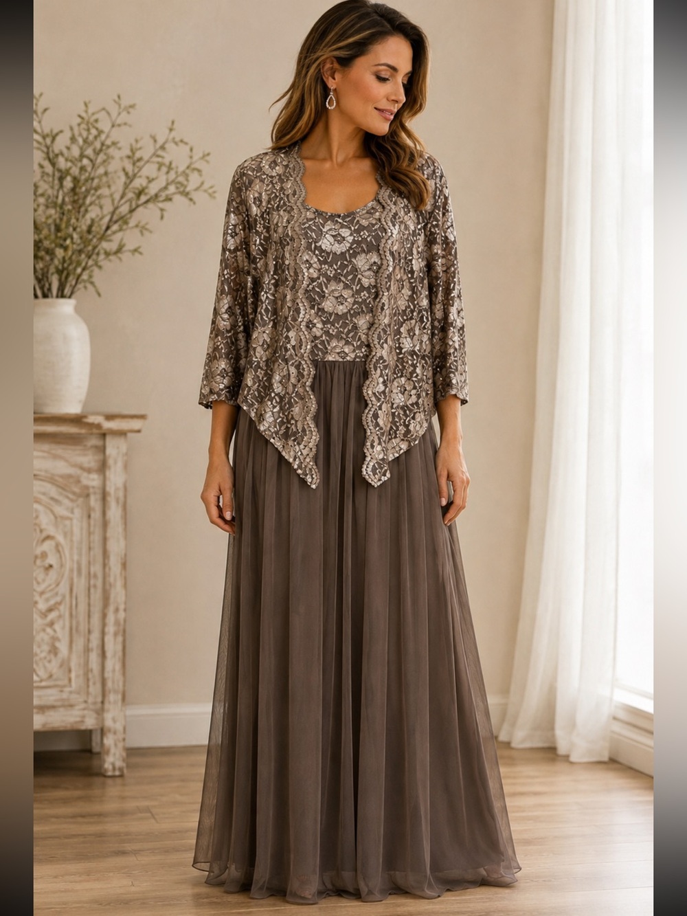 Candalite classy tulle Medium dress brown Sequins lace high low jacket wedding